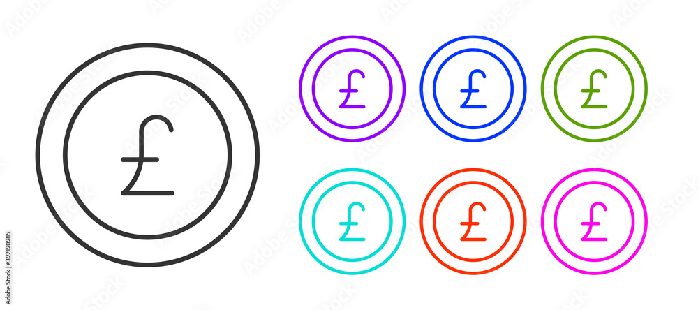 Black line Coin money with pound sterling symbol icon isolated on white background. Banking currency sign. Cash symbol. Set icons colorful. Vector. Black line Coin money with pound sterling symbol icon isolated on white background. Banking currency sign. Cash symbol. Set icons colorful. Vector.