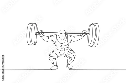 Single continuous line drawing of young strong weightlifter man preparing for barbell workout in gym. Weight lifting training concept. Trendy one line draw graphic design vector illustration