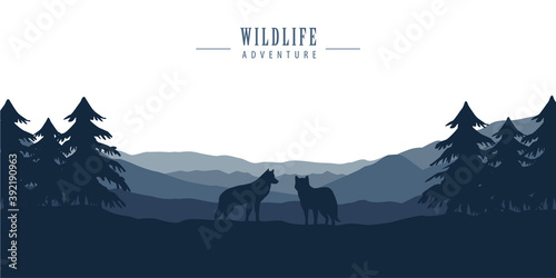 wolf pack on blue forest landscape with mountain view vector illustration EPS10