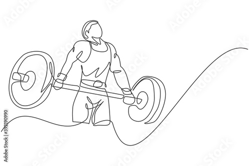 Single continuous line drawing of young strong weightlifter man preparing for barbell workout in gym. Weight lifting training concept. Trendy one line draw graphic design vector illustration