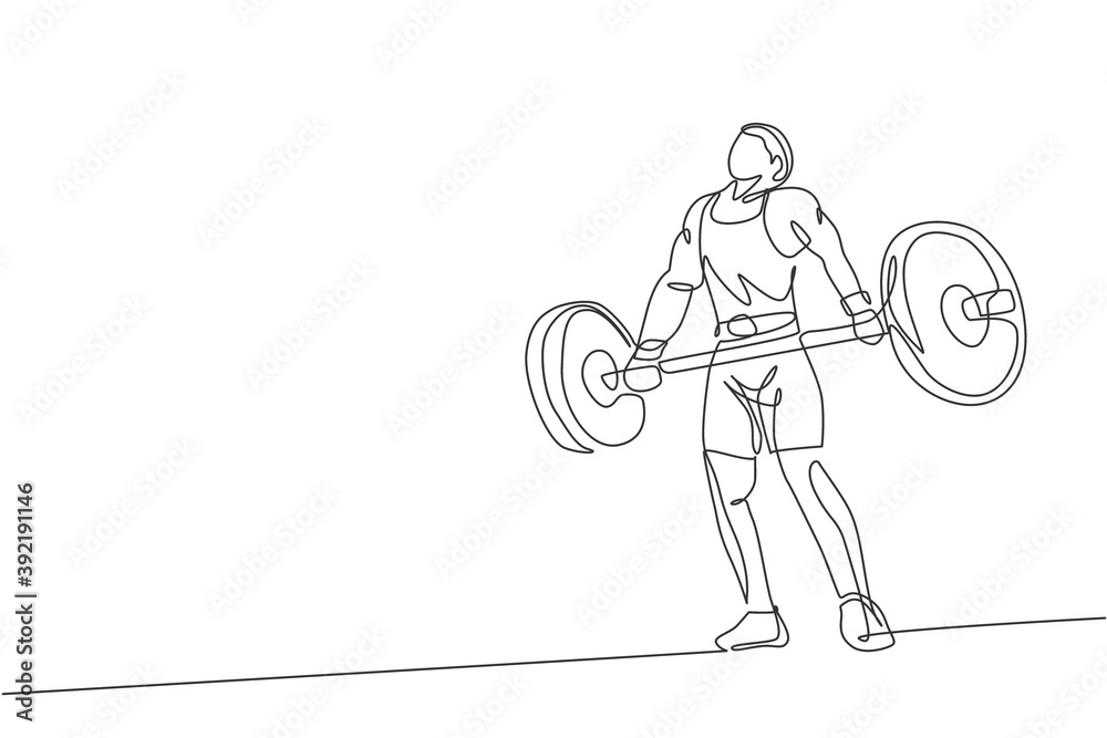 One continuous line drawing of young bodybuilder man doing exercise ...