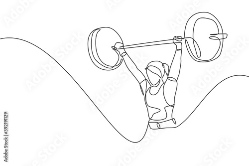 One single line drawing of fit young athlete muscular woman lifting barbells working out at a gym vector illustration. Weightlifter preparing for training concept. Modern continuous line draw design
