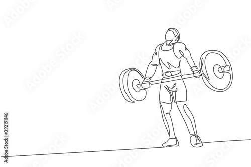 One continuous line drawing of young bodybuilder man doing exercise with a heavy weight bar in gym. Powerlifter train weightlifting concept. Dynamic single line draw design vector graphic illustration