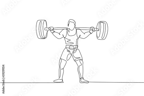 Single continuous line drawing of young strong weightlifter man preparing for barbell workout in gym. Weight lifting training concept. Trendy one line draw design graphic vector illustration