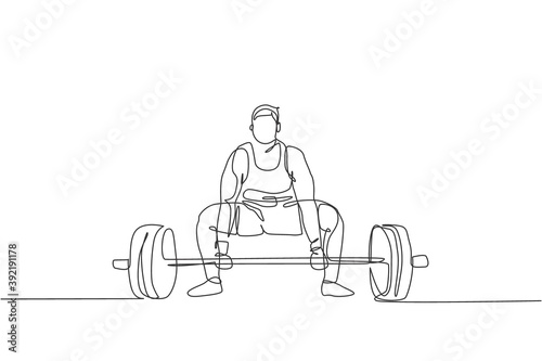 One continuous line drawing of young bodybuilder man doing exercise with a heavy weight bar in gym. Powerlifter train weightlifting concept. Dynamic single line draw design graphic vector illustration photo
