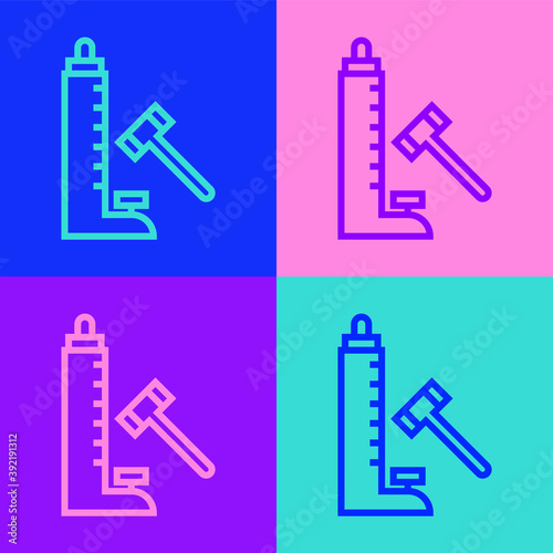 Pop art line High striker attraction with big hammer icon isolated on color background. Attraction for measuring strength. Amusement park. Vector.