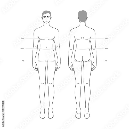 Men standard body parts terminology measurements Illustration for clothes and accessories production fashion male size chart. 9 head boy for site and online shop. Human body infographic template