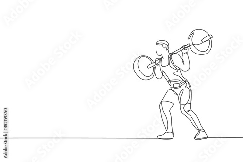 Single continuous line drawing of young strong weightlifter man preparing for barbell workout in gym. Weight lifting training concept. Trendy one line draw design vector illustration graphic