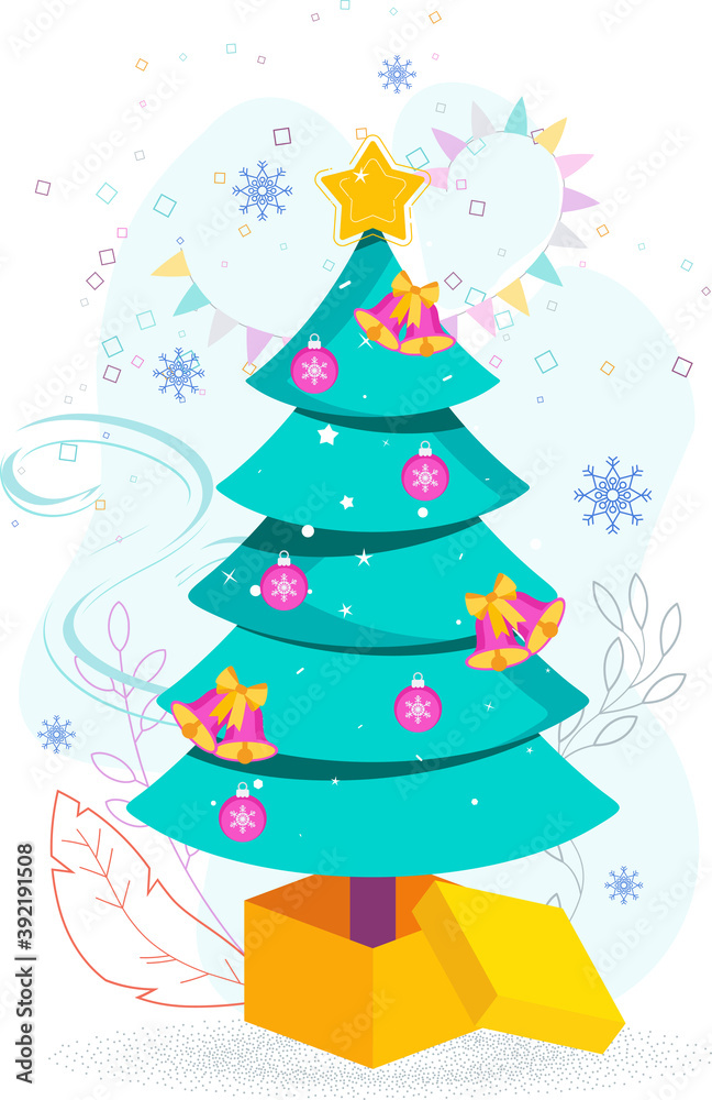 2021 greeting card. Huge gift box, Christmas Tree, garland hangs