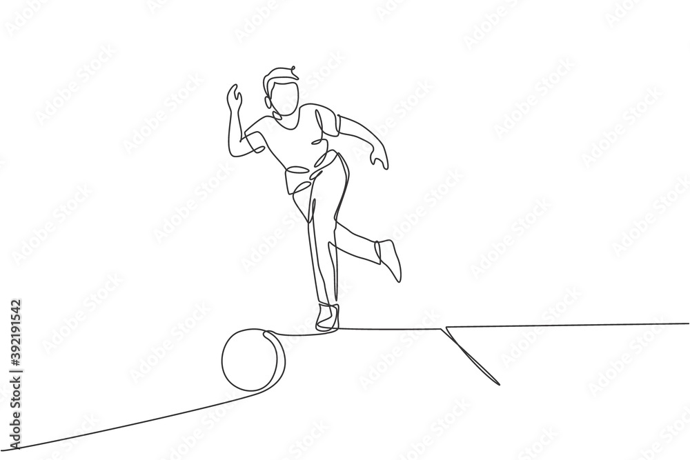 Single continuous line drawing of young happy bowling player man throw bowling ball to hit the pins. Doing sport hobby at leisure time concept. Trendy one line draw design vector illustration graphic Single continuous line drawing of young happy bowling player man throw bowling ball to hit the pins. Doing sport hobby at leisure time concept. Trendy one line draw design vector illustration graphic