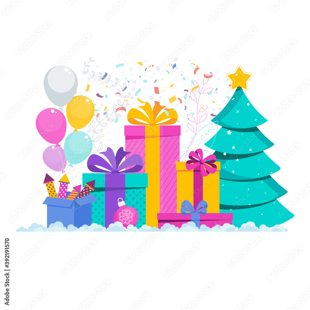 2021 greeting card. Huge gift box, Christmas Tree, garland hangs 2021 greeting card. Huge gift box, Christmas Tree, garland hangs
