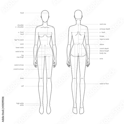 Women body parts terminology measurements Illustration for clothes and accessories production fashion lady size chart. 9 head girl for site and online shop. Human body infographic template
