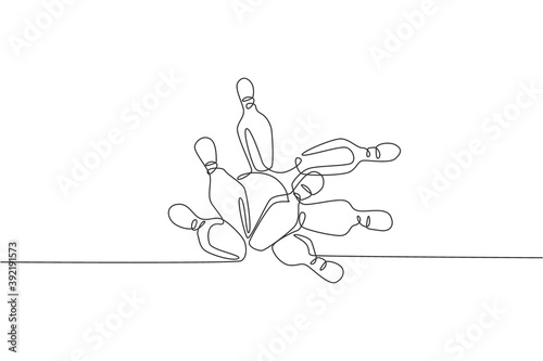 One continuous line drawing lined up bowling pins falling apart hit by ball at bowling lane. Healthy sport and lifestyle activity concept. Dynamic single line draw graphic design vector illustration