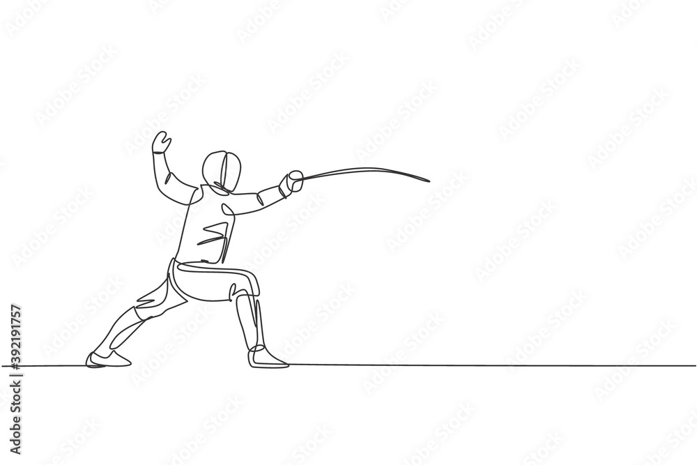 Single continuous line drawing of young professional fencer athlete woman in fencing mask and rapier. Competitive fighting sport competition concept. Trendy one line draw design vector illustration Single continuous line drawing of young professional fencer athlete woman in fencing mask and rapier. Competitive fighting sport competition concept. Trendy one line draw design vector illustration