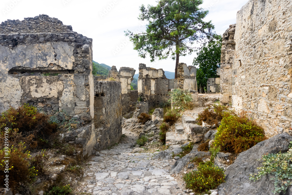 Landmark of Turkey. The abandoned old Greek city of Kayakoy on the Lycian Trail.