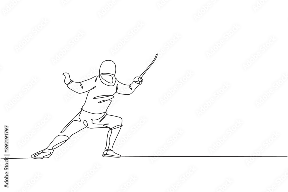 One continuous line drawing of young man fencing athlete practice fighting on professional sport arena. Fencing costume and holding sword concept. Dynamic single line draw design vector illustration