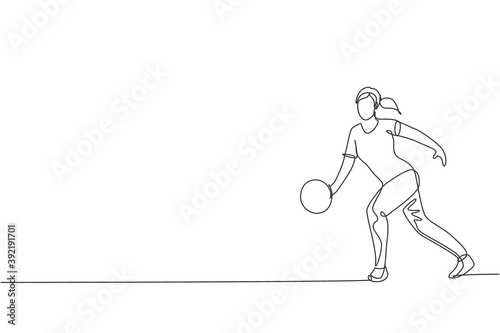 One continuous line drawing of young happy bowling player woman throw ball into lane to hit the pin. Healthy sport and lifestyle activity concept. Dynamic single line draw design vector illustration