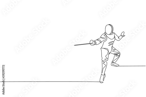 One single line drawing of young man fencer athlete in fencing costume exercising motion on sport arena vector illustration. Combative and fighting sport concept. Modern continuous line draw design