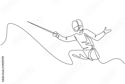 One single line drawing of young woman fencer athlete in fencing costume exercising motion on sport arena vector illustration. Combative and fighting sport concept. Modern continuous line draw design