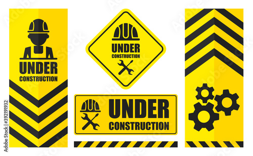 Warning sign under construction set. Yellow color. Logo concept.