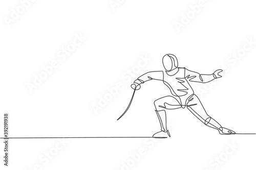 One single line drawing of young man fencer athlete in fencing costume exercising motion on sport arena vector illustration. Combative and fighting sport concept. Modern continuous line draw design