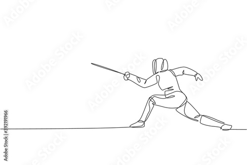 Single continuous line drawing young professional fencer athlete man in fencing mask and rapier. Competitive fighting sport competition concept. Trendy one line draw design graphic vector illustration