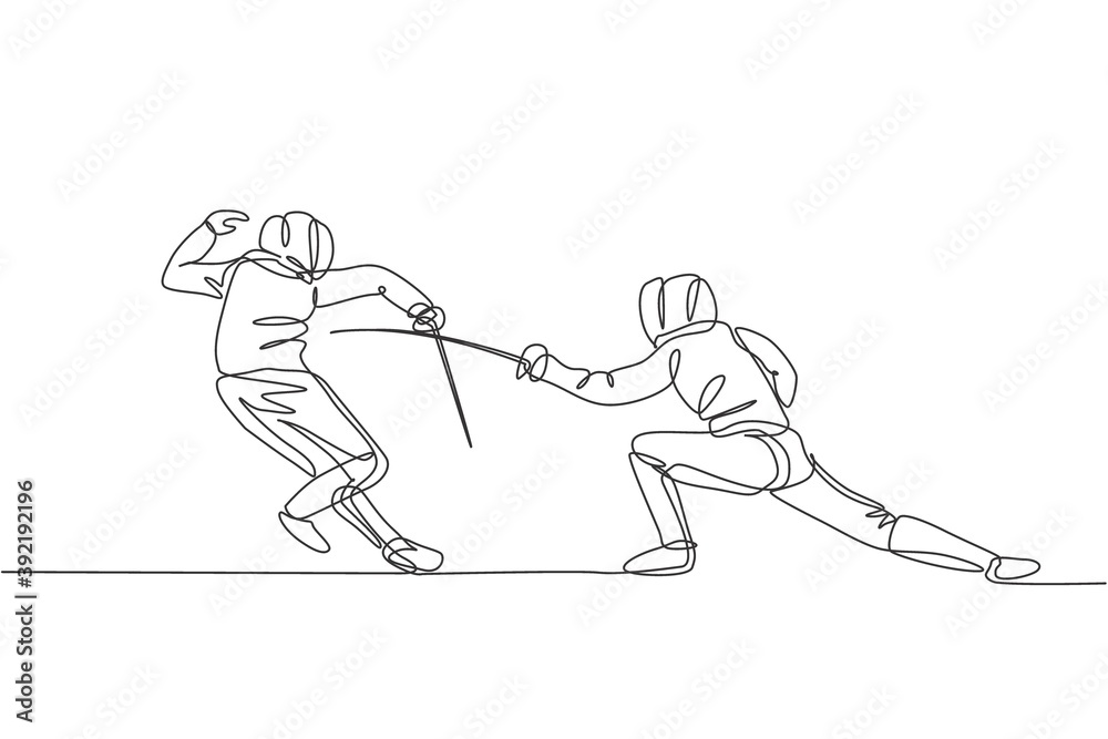 Single continuous line drawing of two young professional fencer athlete men in fencing mask and rapier duel at arena. Sport fight competition concept. Trendy one line draw design vector illustration