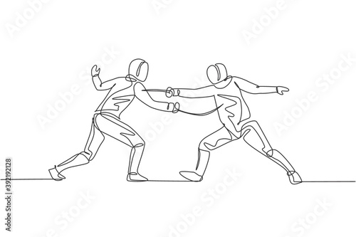 Single continuous line drawing of two young pro fencer athlete women in fencing mask and rapier duel at gym arena. Fighting sport competition concept. Trendy one line draw design vector illustration