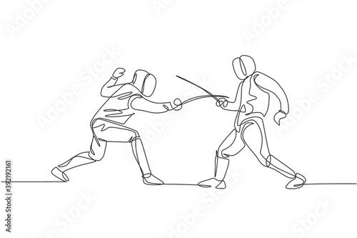 One continuous line drawing of two men fencing athlete practice fighting on professional sport arena. Fencing costume and holding sword concept. Dynamic single line draw design vector illustration