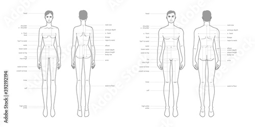 Men and women body parts terminology measurements Illustration for clothes and accessories production fashion 9 head male and female size chart. Human body infographic template