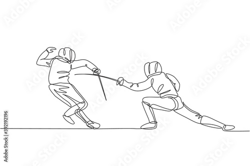 Single continuous line drawing of two young professional fencer athlete men in fencing mask and rapier duel at arena Fototapeta