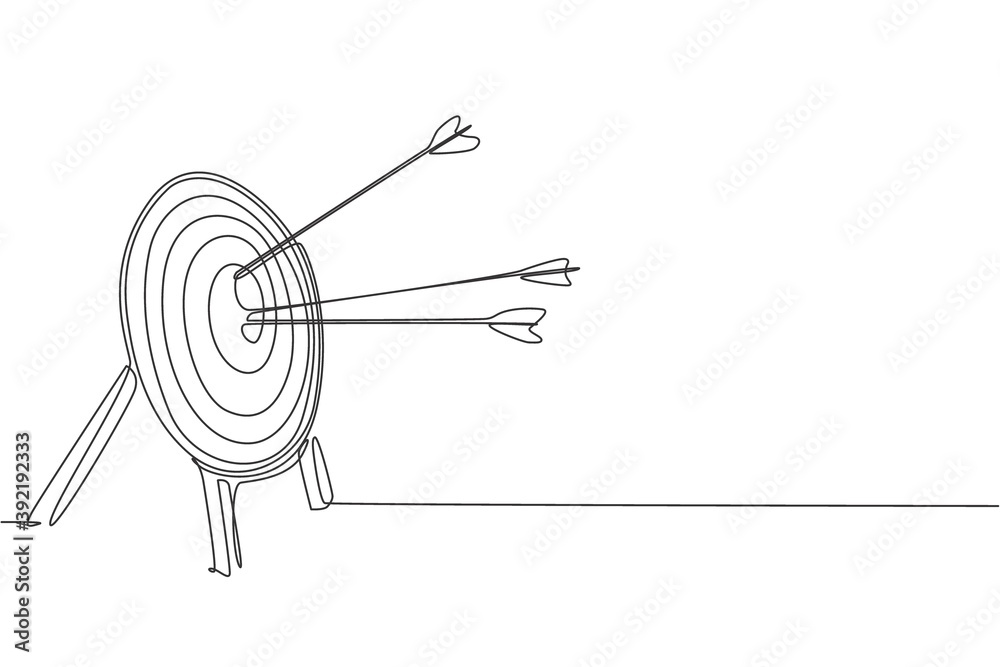 Single continuous line drawing of archery target pad was shot with arrows. Archery sport