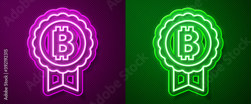 Glowing neon line Cryptocurrency coin Bitcoin icon isolated on purple and green background. Physical bit coin. Blockchain based secure crypto currency. Vector.