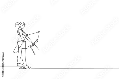 One single line drawing of young archer woman focus exercising archery to hit target graphic vector illustration. Healthy refresh shooting with bow sport concept. Modern continuous line draw design