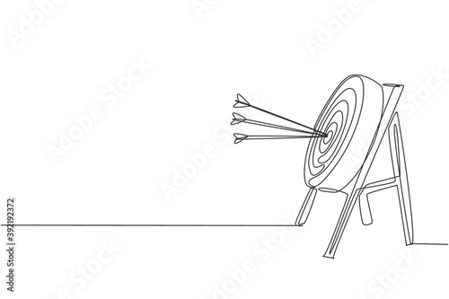 One continuous line drawing of arrows was shot bullseye to archery target, side view. Archery sport training and exercising concept. Dynamic single line draw graphic design vector illustration