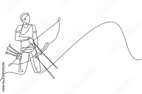 One single line drawing of young archer man focus exercising archery to hit the target vector illustration graphic. Healthy refresh shooting with bow sport concept. Modern continuous line draw design