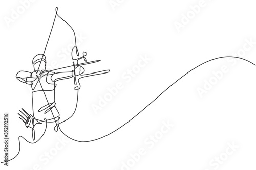 Vászonkép One single line drawing of young archer man focus exercising archery to hit the target graphic vector illustration