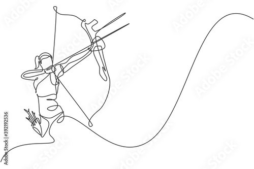 One continuous line drawing of young archer woman pulling the bow to shooting an archery target. Archery sport training and exercising concept. Dynamic single line draw design vector illustration