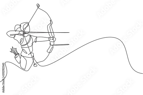 Single continuous line drawing of young professional archer woman focus aiming archery target. Archery sport exercise with the bow concept. Trendy one line draw design vector illustration graphic