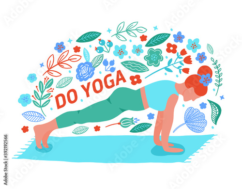 Women exercising yoga flat color trend vector card. Do yoga meditation practice cartoon style. Exercise workout background. Healthy lifestyle morning fitness activities pictures.