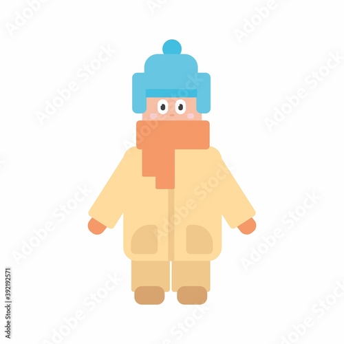 Warmly wrapped boy. Child outside in cold weather. Flat vector illustration