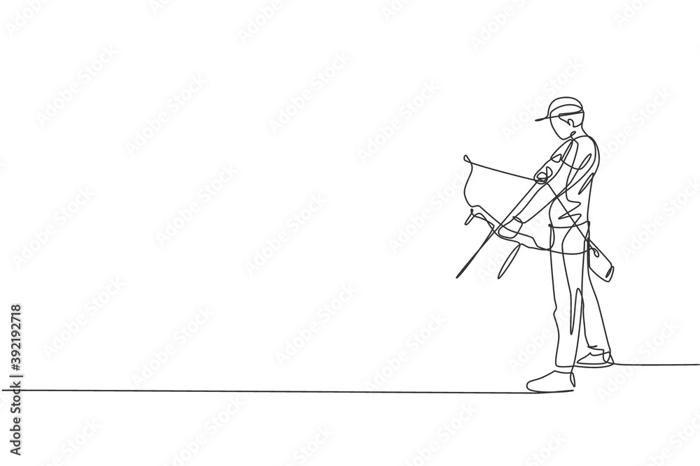 One continuous line drawing of young archer man pulling bow to shooting an archery target. Archery sport training and exercising concept. Dynamic single line draw design vector illustration graphic One continuous line drawing of young archer man pulling bow to shooting an archery target. Archery sport training and exercising concept. Dynamic single line draw design vector illustration graphic