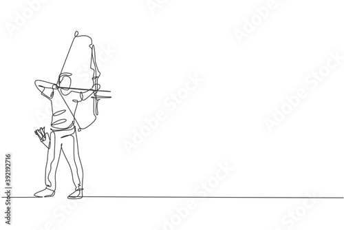 One single line drawing of young archer man focus exercising archery to hit the target graphic vector illustration. Healthy refresh shooting with bow sport concept. Modern continuous line draw design