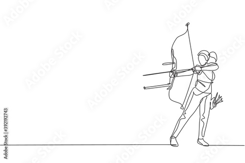 One continuous line drawing of young archer woman pulling the bow to shooting an archery target. Archery sport training and exercising concept. Dynamic single line draw design vector illustration