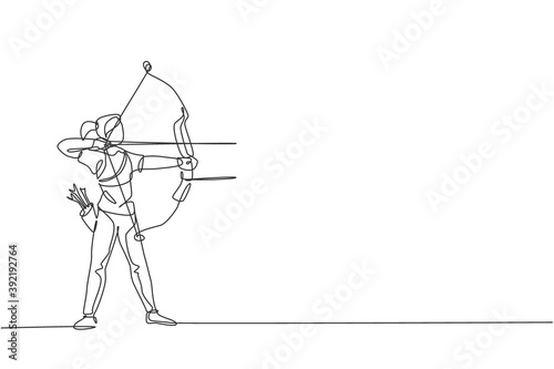 Single continuous line drawing of young professional archer woman focus aiming archery target Fototapeta