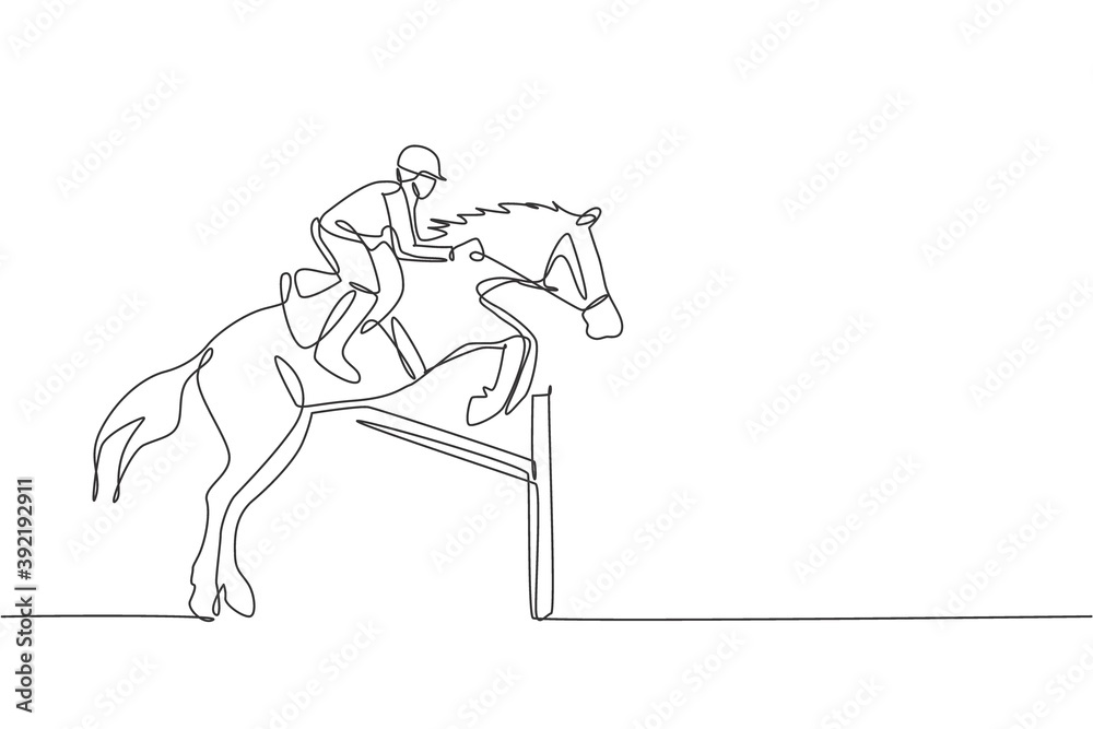 One single line drawing of young horse rider man performing dressage jumping the hurdle test vector illustration graphic. Equestrian sport show competition concept. Modern continuous line draw design