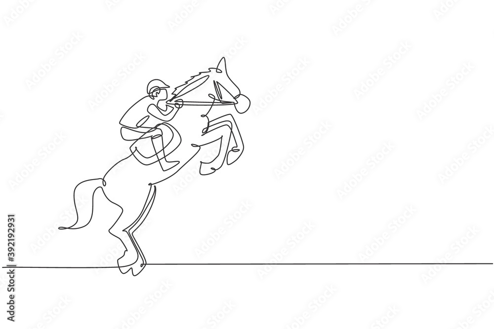 Fototapeta premium Single continuous line drawing of young professional horseback rider try to tame the horse at the stables. Equestrian sport training process concept. Trendy one line draw design vector illustration