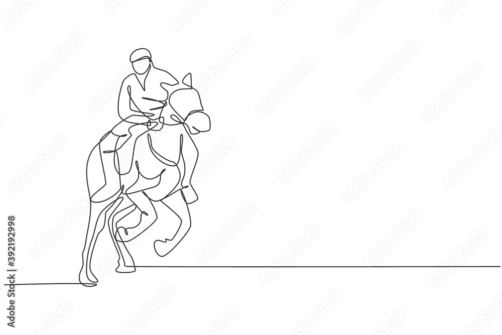One continuous line drawing young horse rider man in action to run. Equine training at racing track. Equestrian sport competition concept. Dynamic single line draw design graphic vector illustration