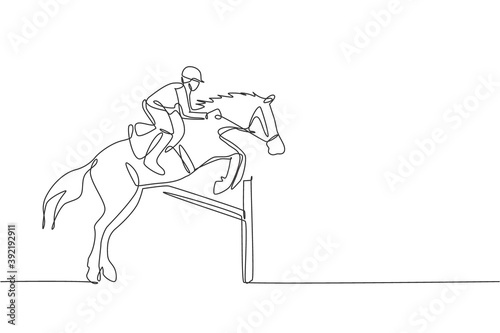 One single line drawing of young horse rider man performing dressage jumping the hurdle test vector illustration graphic. Equestrian sport show competition concept. Modern continuous line draw design © Simple Line