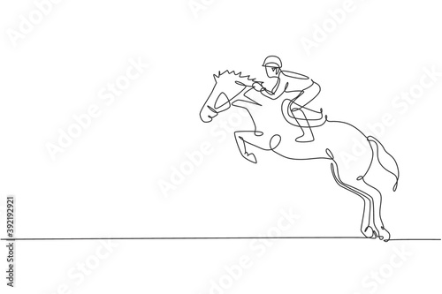Foto One single line drawing of young horse rider man performing dressage jumping test vector graphic illustration